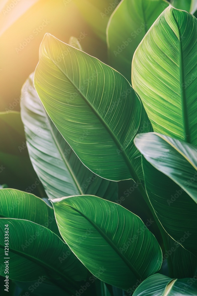 Obraz premium Green leaves with a sunlit background, a spring nature banner concept for healthy lifestyle or environmental protection themes. 