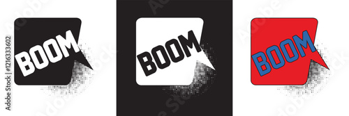 Comic speech bubble vector, comic book sound effects, black white and  colorful pop art design with  Boom  for action theme graphics. isolated on white and black background. vector illustration. EPS10