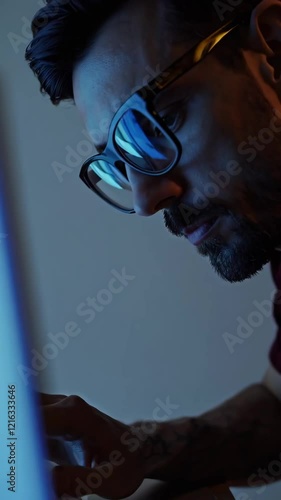 Close-Up Footage of Man Working on Laptop in Low Light Setting