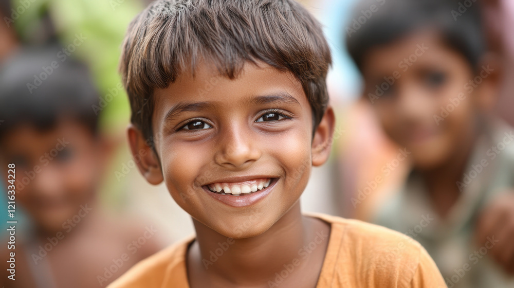 Smiling young boy with short brown hair, wearing orange shirt, surrounded by blurred children in background, radiating joy and innocence Smiling young boy with short brown hair, wearing orange shirt, surrounded by blurred children in background, radiating joy and innocence