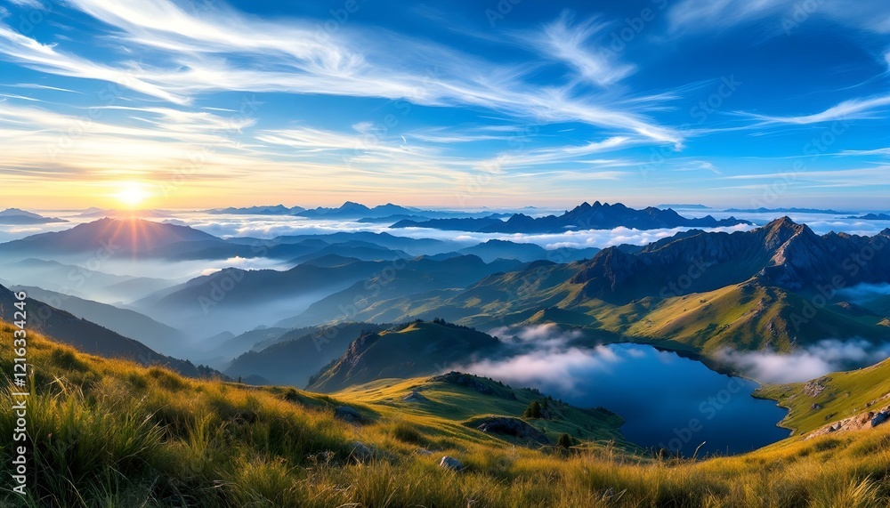 Panoramic view of a sunrise over misty mountains, with golden light illuminating grassy hills, peaks, and layers of distant mountains under a vibrant blue sky streaked with soft clouds. Panoramic view of a sunrise over misty mountains, with golden light illuminating grassy hills, peaks, and layers of distant mountains under a vibrant blue sky streaked with soft clouds.