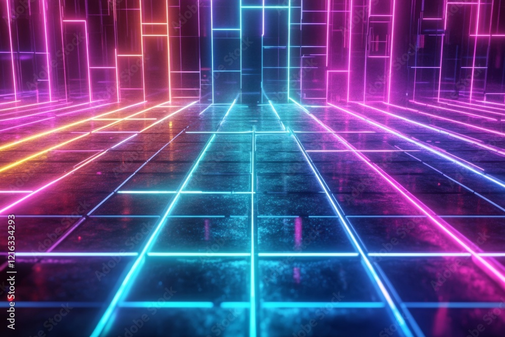 A holographic grid pattern glows in neon colors, creating a surreal atmosphere. The grid appears expansive and dynamic, showcasing intricate lines and vibrant illumination. With copy space for text A holographic grid pattern glows in neon colors, creating a surreal atmosphere. The grid appears expansive and dynamic, showcasing intricate lines and vibrant illumination. With copy space for text