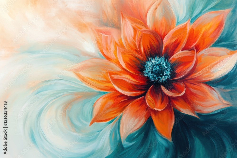 Obraz premium A vibrant orange flower blossoms against a teal and beige swirl background, a beautiful painting of nature's artistry.