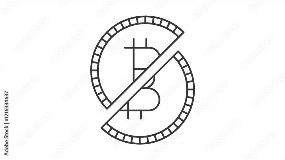 Bitcoin halving line animation. Cut crypto token animated icon. Regular financial event at blockchain system. Black illustration on white background. HD video with alpha channel. Motion graphic