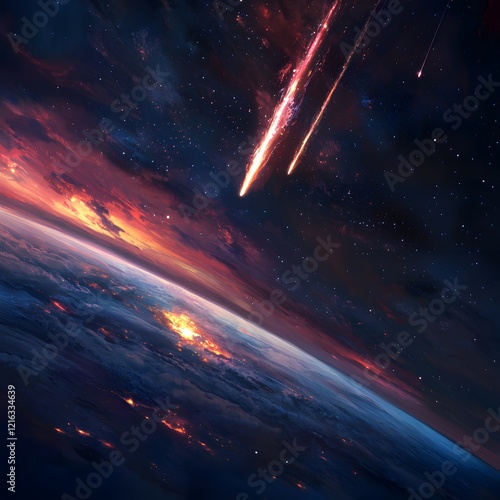 A mesmerizing meteor shower lighting up the night sky with streaks of fire, over a peaceful Earth.
 photo