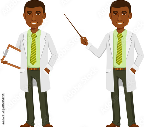 young African American doctor, scientist or teacher smiling while giving a presentation or lecture to students. Cartoon character.