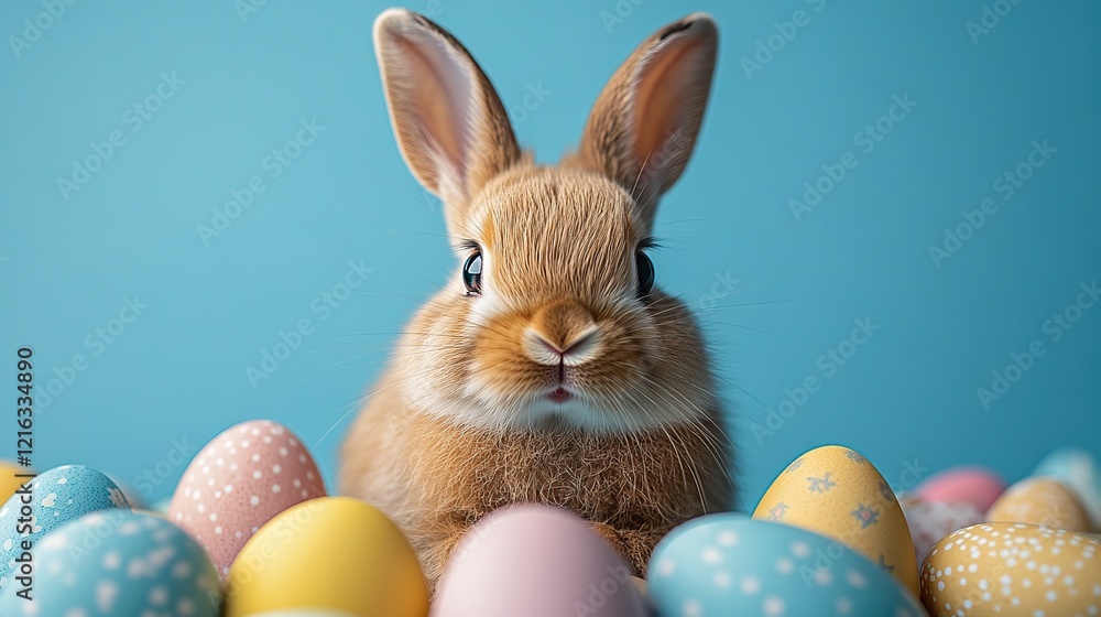 Find inspiration this Easter with this picture of an adorable rabbit nestled among multicolored eggs set against a cheerful blue backdrop Find inspiration this Easter with this picture of an adorable rabbit nestled among multicolored eggs set against a cheerful blue backdrop