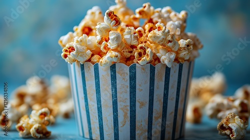 Film reel premiere theme An overhead shot of delicious popcorn spilling out of a striped container on a light blue backdrop, with room for your message or promo photo