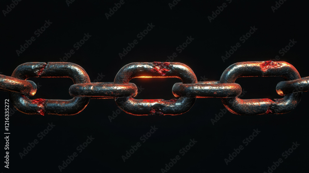 damaged metal chain link with glowing effect, showcasing wear and tear. image highlights strength and fragility of metal materials in dark background damaged metal chain link with glowing effect, showcasing wear and tear. image highlights strength and fragility of metal materials in dark background