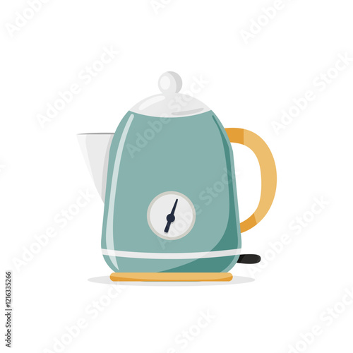 Vector illustration of an electric kettle in retro style with a teal body and yellow handle, isolated on white background. Perfect for designs, branding, and kitchen-themed projects