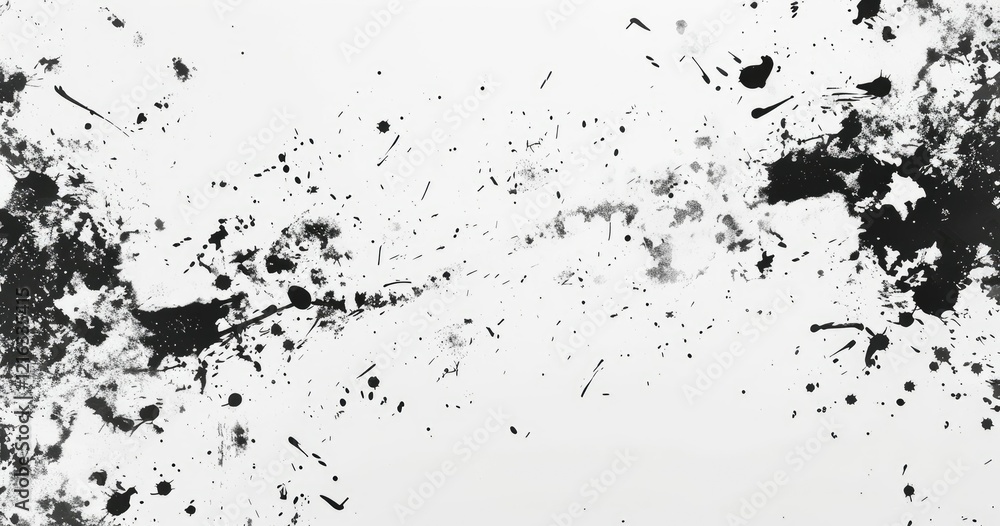 Abstract black ink splatters on a white background, creating a dynamic visual effect. Abstract black ink splatters on a white background, creating a dynamic visual effect.