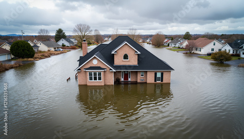 Submerged house in flooded neighborhood, environmental crisis