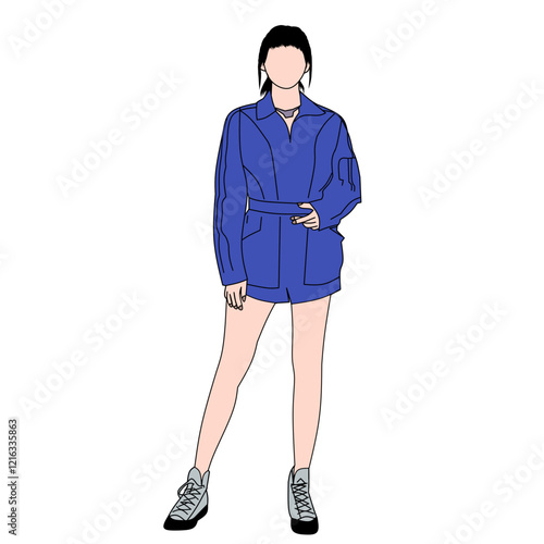 Stylized Illustration of a Fashionable Woman in Casual Blue Outfit.Represents modern fashion, individuality, and casual style, focusing on urban everyday wear.