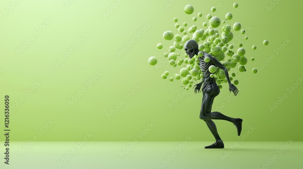 Abstract Running Figure with Floating Green Bubbles Abstract Running Figure with Floating Green Bubbles