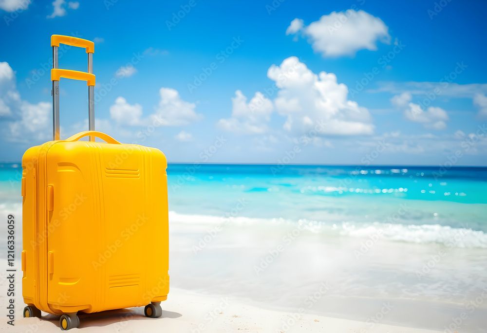 Bright yellow suitcase, sandy beach, turquoise ocean, blue sky with wispy clouds, tropical vacation, vibrant colors, summer travel, beach getaway, luggage on sand, coastal scenery, sunlit beach scene, Bright yellow suitcase, sandy beach, turquoise ocean, blue sky with wispy clouds, tropical vacation, vibrant colors, summer travel, beach getaway, luggage on sand, coastal scenery, sunlit beach scene,