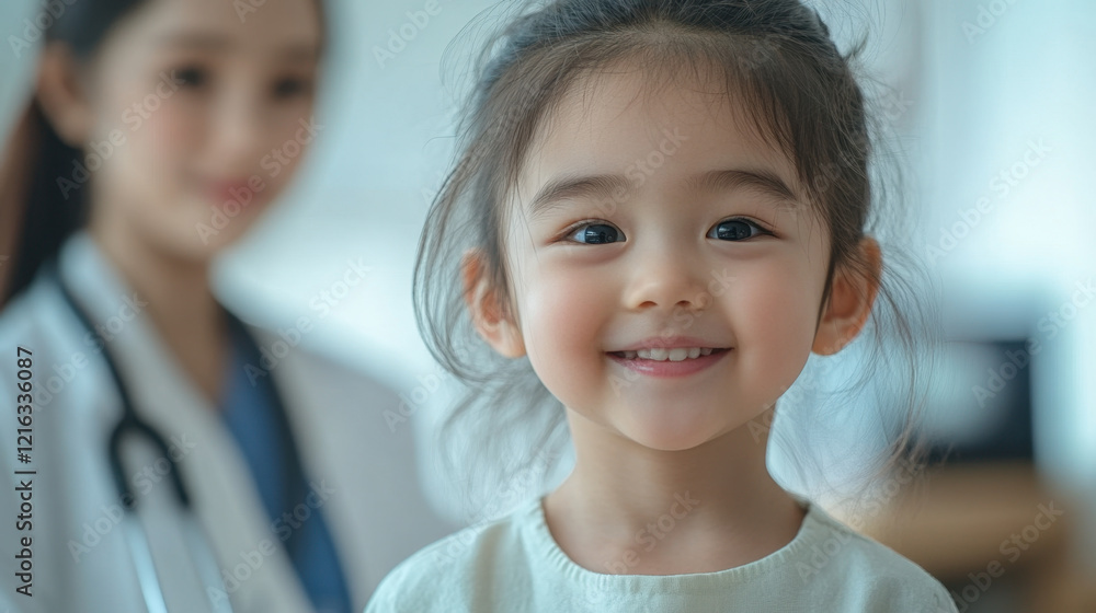 Smiling girl in light green outfit with healthcare professional in background, showcasing warm and caring environment, perfect for family and health themes Smiling girl in light green outfit with healthcare professional in background, showcasing warm and caring environment, perfect for family and health themes