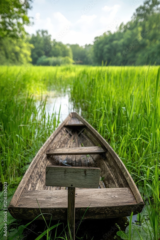 Serene Boat in Lush Green Wilderness Serene Boat in Lush Green Wilderness