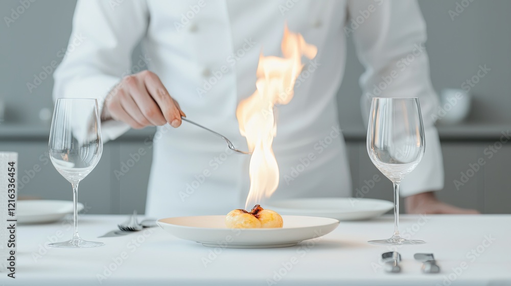 Chef flambeing dessert for intrigued guests at fine dining restaurant captured in modern culinary environment Chef flambeing dessert for intrigued guests at fine dining restaurant captured in modern culinary environment