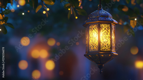 beautifully crafted metal lantern glowing softly in night, surrounded by twinkling lights and lush greenery, creating warm and inviting atmosphere photo