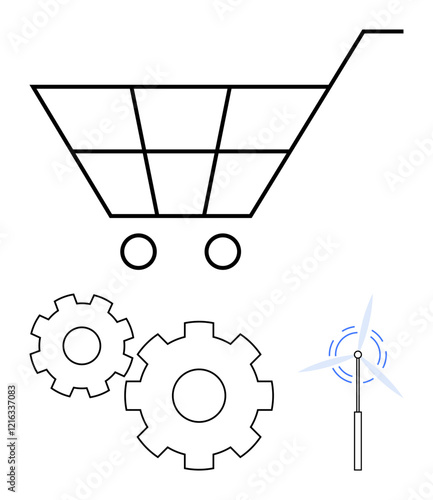 Shopping cart representing e-commerce, gears symbolizing technological innovation, and wind turbine for renewable energy. Ideal for themes thumbs up e-commerce, sustainability, technology, renewable