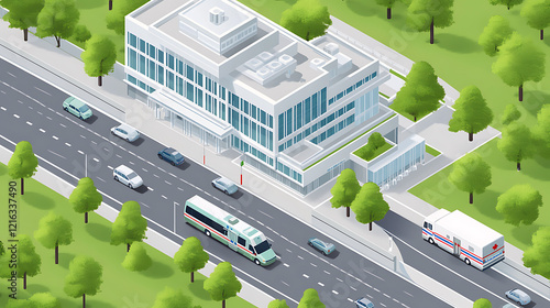 City hospital and highway - vector isometric illustration. Building where medical care is provided, patients go to appointments, cars in the parking lot, ambulance, park area with trees, daytime photo