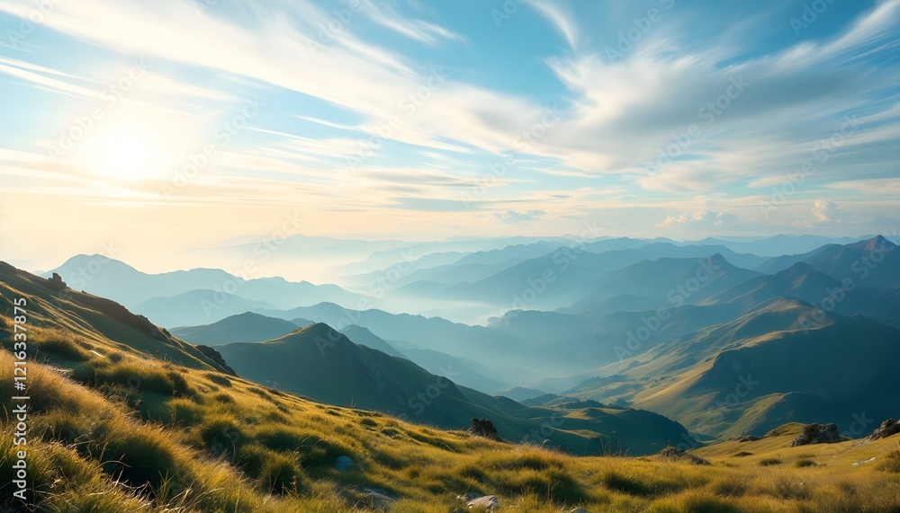 Fototapeta premium Panoramic view of a sunrise over misty mountains, with golden light illuminating grassy hills, peaks, and layers of distant mountains under a vibrant blue sky streaked with soft clouds.