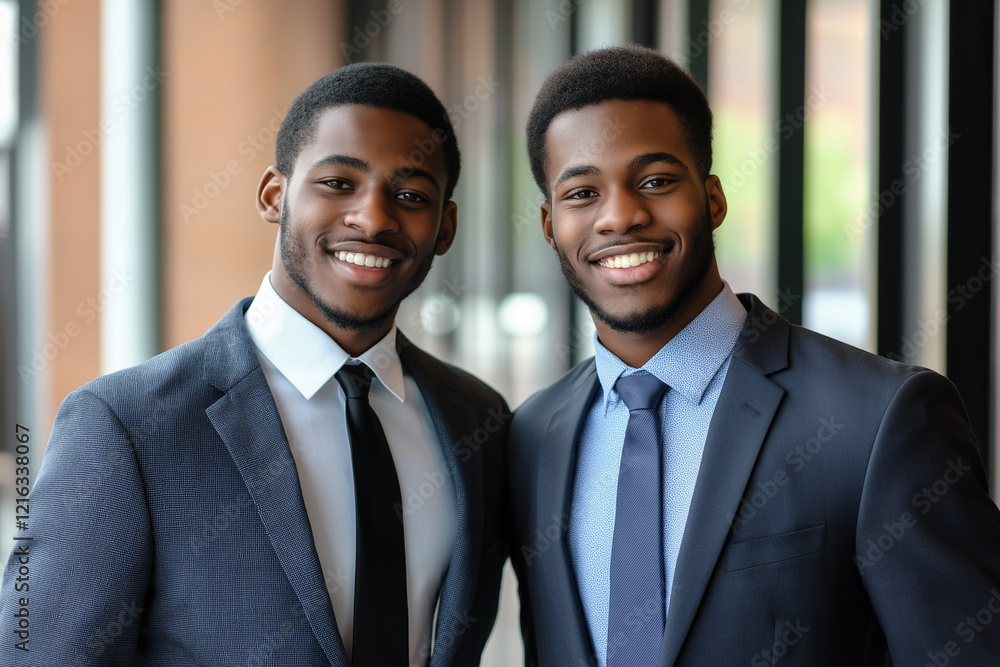 photo of two young business men in suits smiling into the camera at work in the office in finance. photo of two young business men in suits smiling into the camera at work in the office in finance.