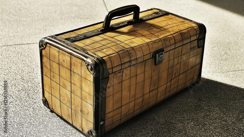 A retro leather suitcase with a grid pattern, aged corners, and a sturdy handle, resting on a sunlit textured floor, showcasing its timeless and well-traveled character. photo