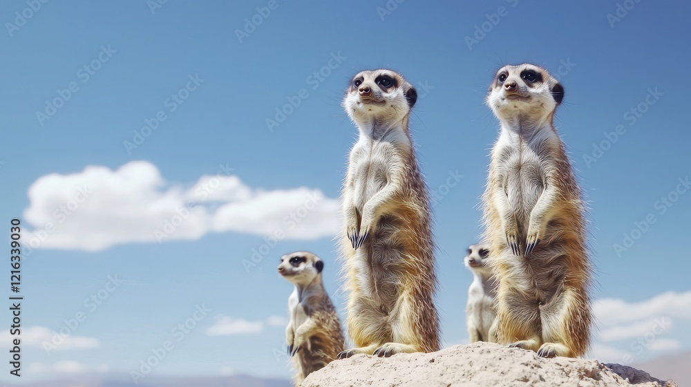 Fototapeta premium Meerkats standing guard on rocky outcrop desert landscape wildlife photography outdoor adventure alertness