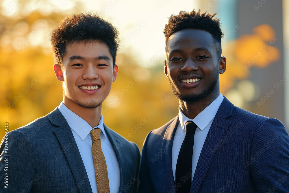 photo of two young business men in suits smiling into the camera at work in the office in finance. photo of two young business men in suits smiling into the camera at work in the office in finance.