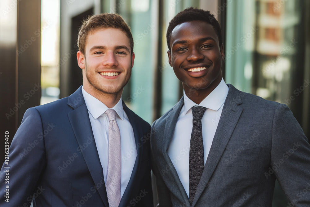 photo of two young business men in suits smiling into the camera at work in the office in finance. photo of two young business men in suits smiling into the camera at work in the office in finance.