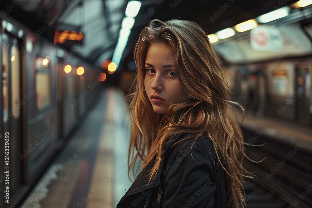 Teenager standing on subway platform waiting for train to arrive Teenager standing on subway platform waiting for train to arrive