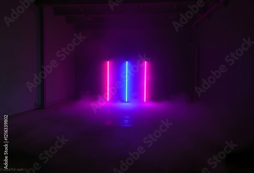 dark empty room, neon lighting, pink and blue glow, atmospheric, mysterious, cyberpunk aesthetic, high contrast, symmetrical composition, futuristic, moody, cinematic, abstract, minimalist, digital ar