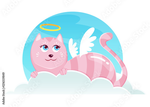 funny and cute illustration of an innocent angel cat with little wings, resting on a bed of clouds.