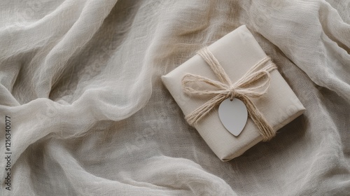 floating gift label, misty linen texture, pearl gray ripples, raw cotton string, minimalist luxury styling, gentle fabric waves, high-end fashion photography