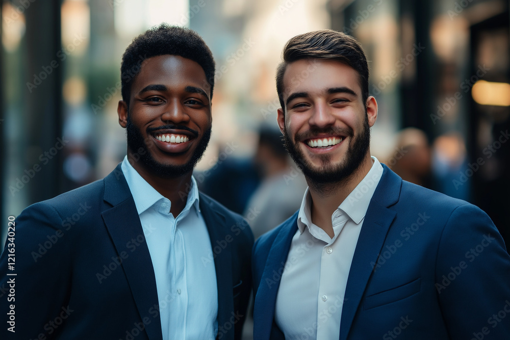 photo of two young business men in suits smiling into the camera at work in the office in finance. photo of two young business men in suits smiling into the camera at work in the office in finance.