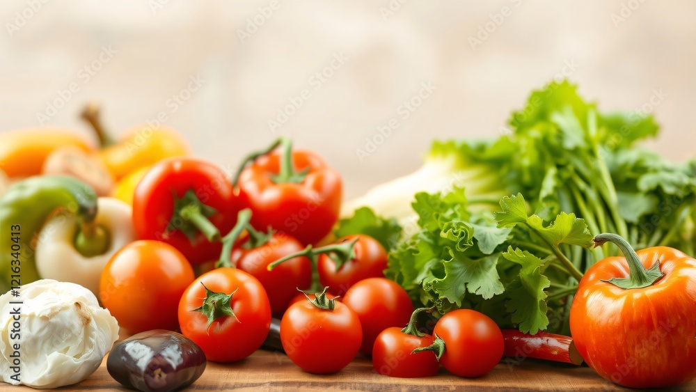 Fresh Organic Vegetables Tomatoes, Peppers, and Cilantro on Wooden Table Fresh Organic Vegetables Tomatoes, Peppers, and Cilantro on Wooden Table