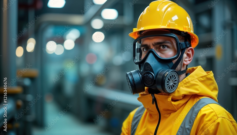 Man in industrial setting wears protective gear gas mask, safety equipment. Focus on safety precautions in hazardous environment. Worker looks alert in factory setting. Safety, protection priorities. Man in industrial setting wears protective gear gas mask, safety equipment. Focus on safety precautions in hazardous environment. Worker looks alert in factory setting. Safety, protection priorities.