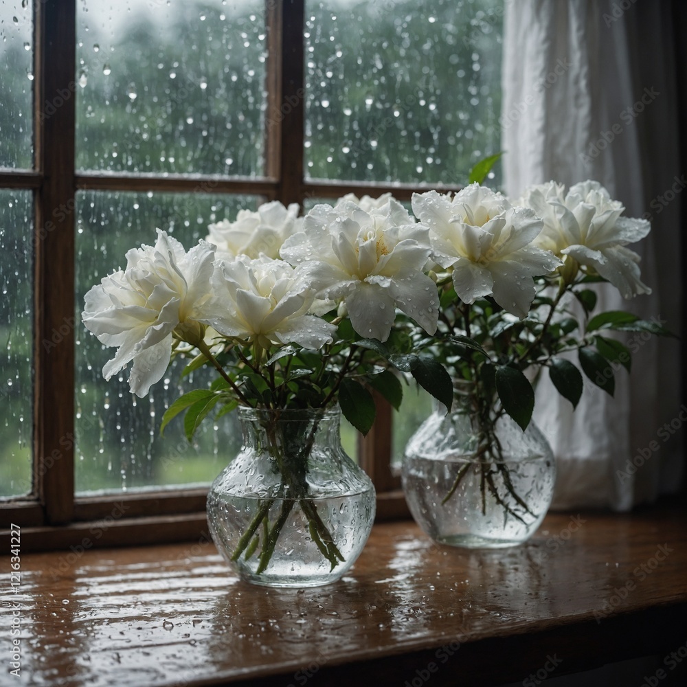 White azaleas and roses on a windowsill with raindrops on the glass. White azaleas and roses on a windowsill with raindrops on the glass.