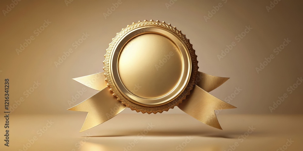 A gleaming gold badge adorned with a decorative ribbon, suspended in mid-air against a neutral background, luxury A gleaming gold badge adorned with a decorative ribbon, suspended in mid-air against a neutral background, luxury