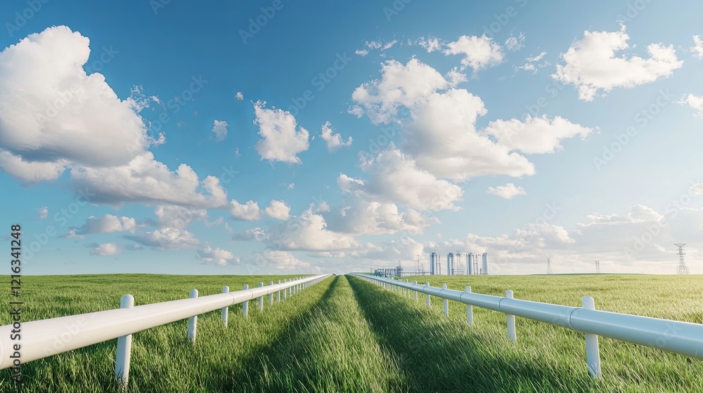 Fototapeta premium Rural landscape with aboveground electrical grid open fields nature photography vibrant sky wide view energy concept