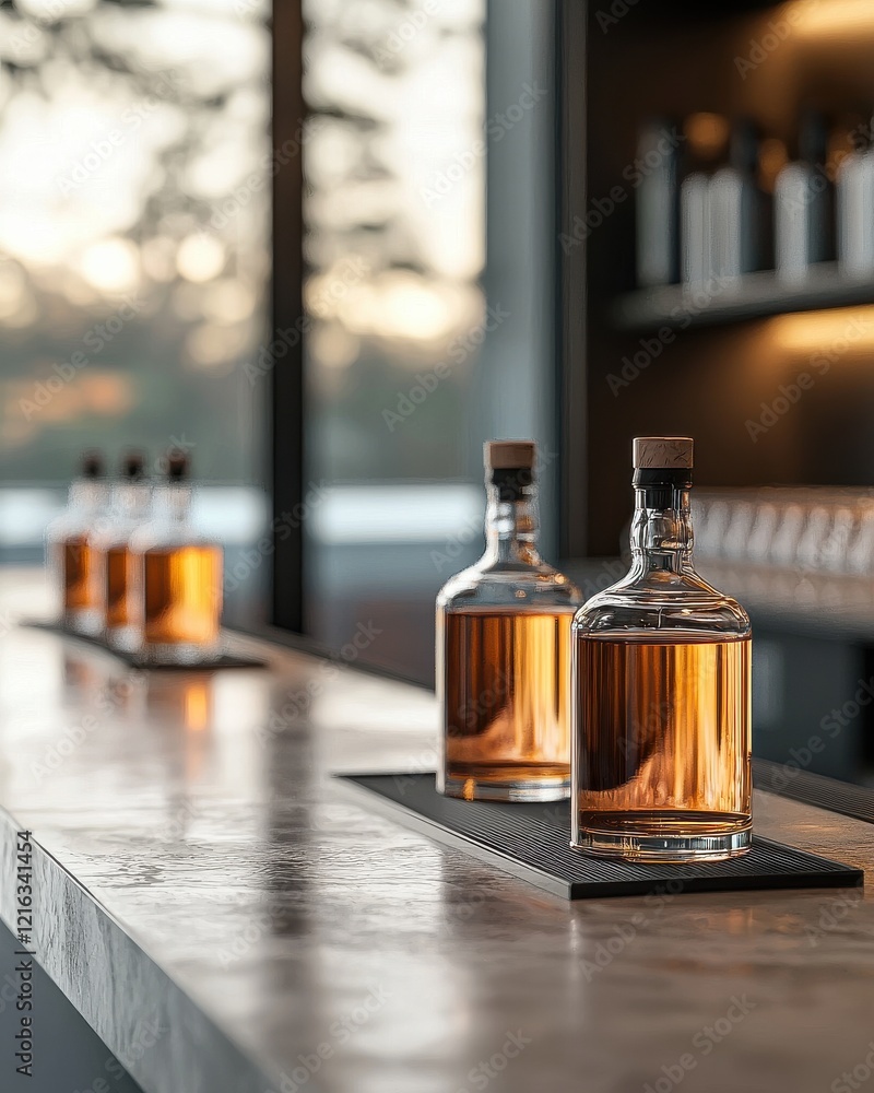 Elegant bottles of amber liquid on a stylish bar, with soft lighting creating a warm atmosphere and a scenic view in the background. Elegant bottles of amber liquid on a stylish bar, with soft lighting creating a warm atmosphere and a scenic view in the background.