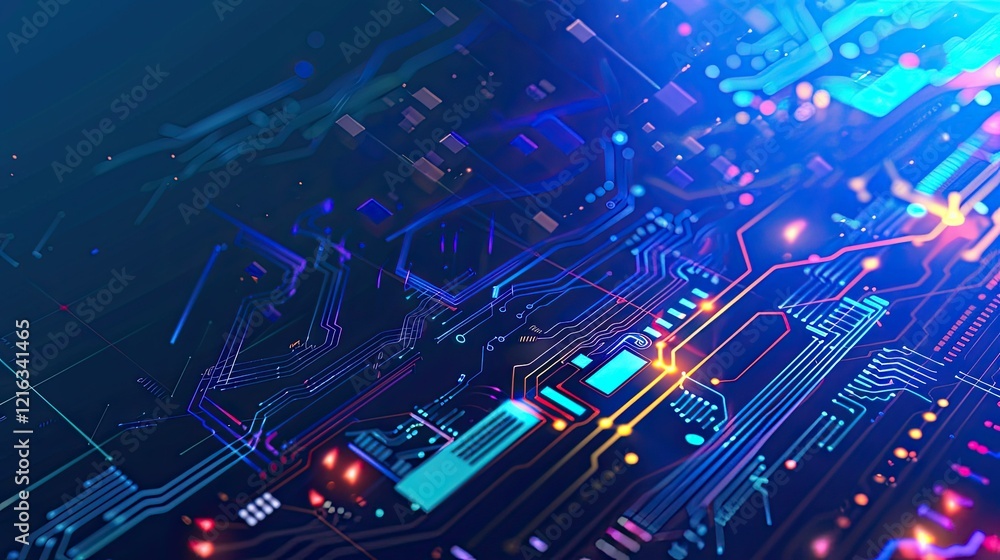 Abstract digital circuit board design with vibrant colors and intricate patterns. Abstract digital circuit board design with vibrant colors and intricate patterns.