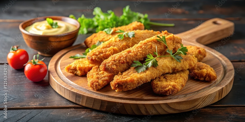 Crispy Breaded Chicken Tenders on a Wooden Platter Crispy Breaded Chicken Tenders on a Wooden Platter
