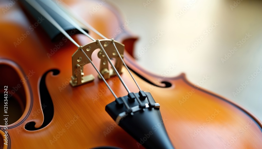 Fototapeta premium Close-up view of a classical violin. Details of the bridge and strings are highlighted. The wood grain and craftsmanship are apparent. A traditional musical instrument for classical performances.