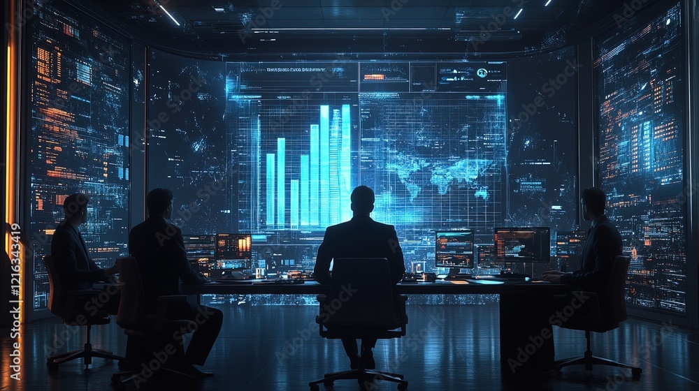 Futuristic holographic bar chart in a boardroom, executives discussing data, high-tech meeting Futuristic holographic bar chart in a boardroom, executives discussing data, high-tech meeting