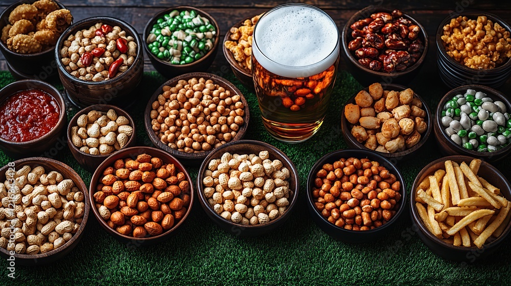 Get ready for the big game with this spread of snacks arranged on green turf, featuring refreshing beers, crunchy peanuts, and crispy fries