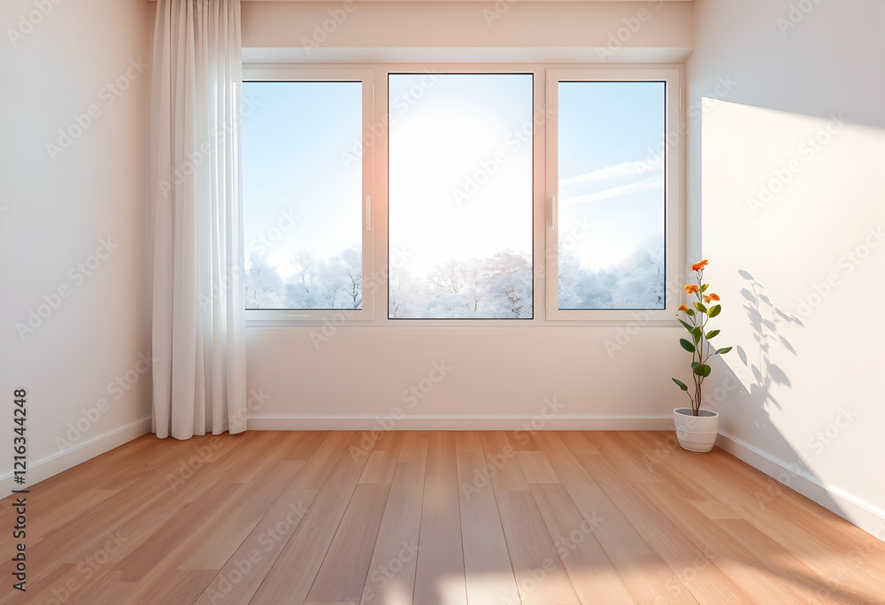 Fototapeta premium Bright interior room, large window with sheer curtains, snowy winter landscape outside, sunlight streaming in, wooden floor, potted plant on windowsill, minimalist design, warm sunbeams, cozy atmosphe