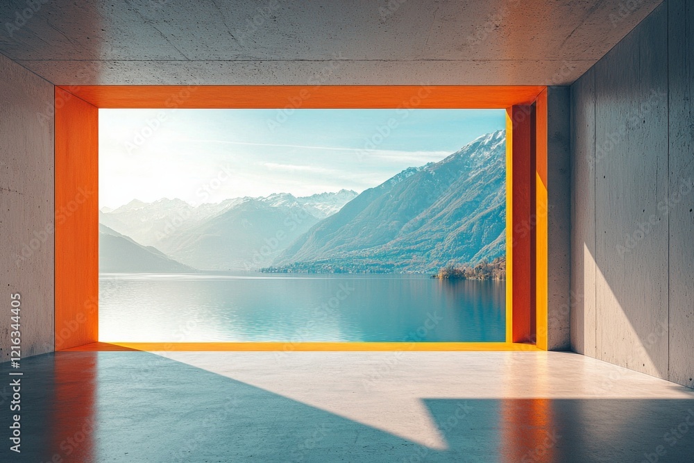 Fototapeta premium Modern architecture, minimalist interior design, concrete floors and walls, orange window frames, a lake view with mountains in the background