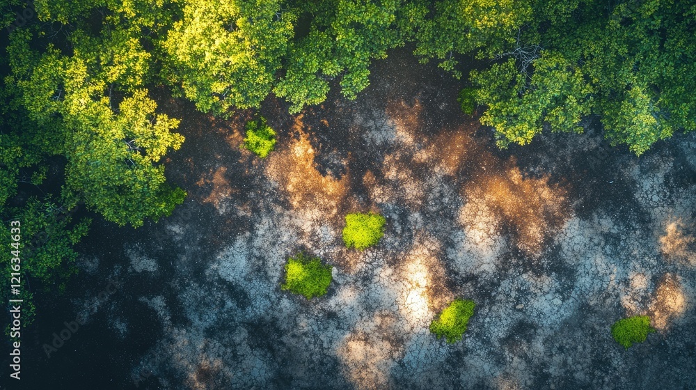Aerial View of a Forest Floor with Sunlight Dappling Through the Canopy Aerial View of a Forest Floor with Sunlight Dappling Through the Canopy